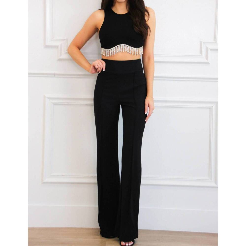 NEW THE VINTAGE SHOP greer embellished fringe crop top in black